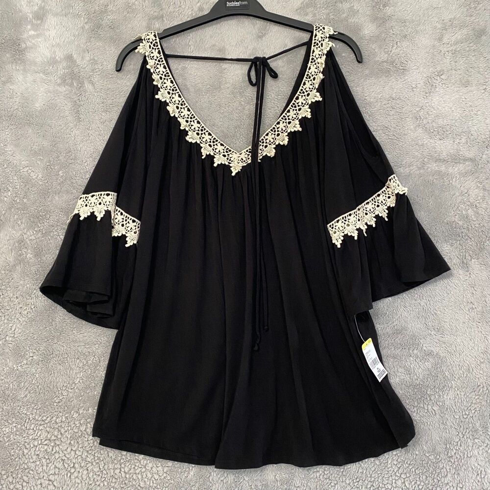 Simply Emma‎ Blouse Top 3X Black V Neckline Cold Shoulder Tunic Boho Flowy